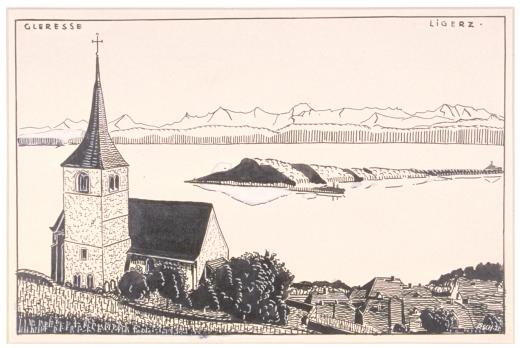 Blick von oberhalb Ligerz auf die Kirche von Ligerz, den Bielersee mit der Petersinsel und die Alpen by Schober P.